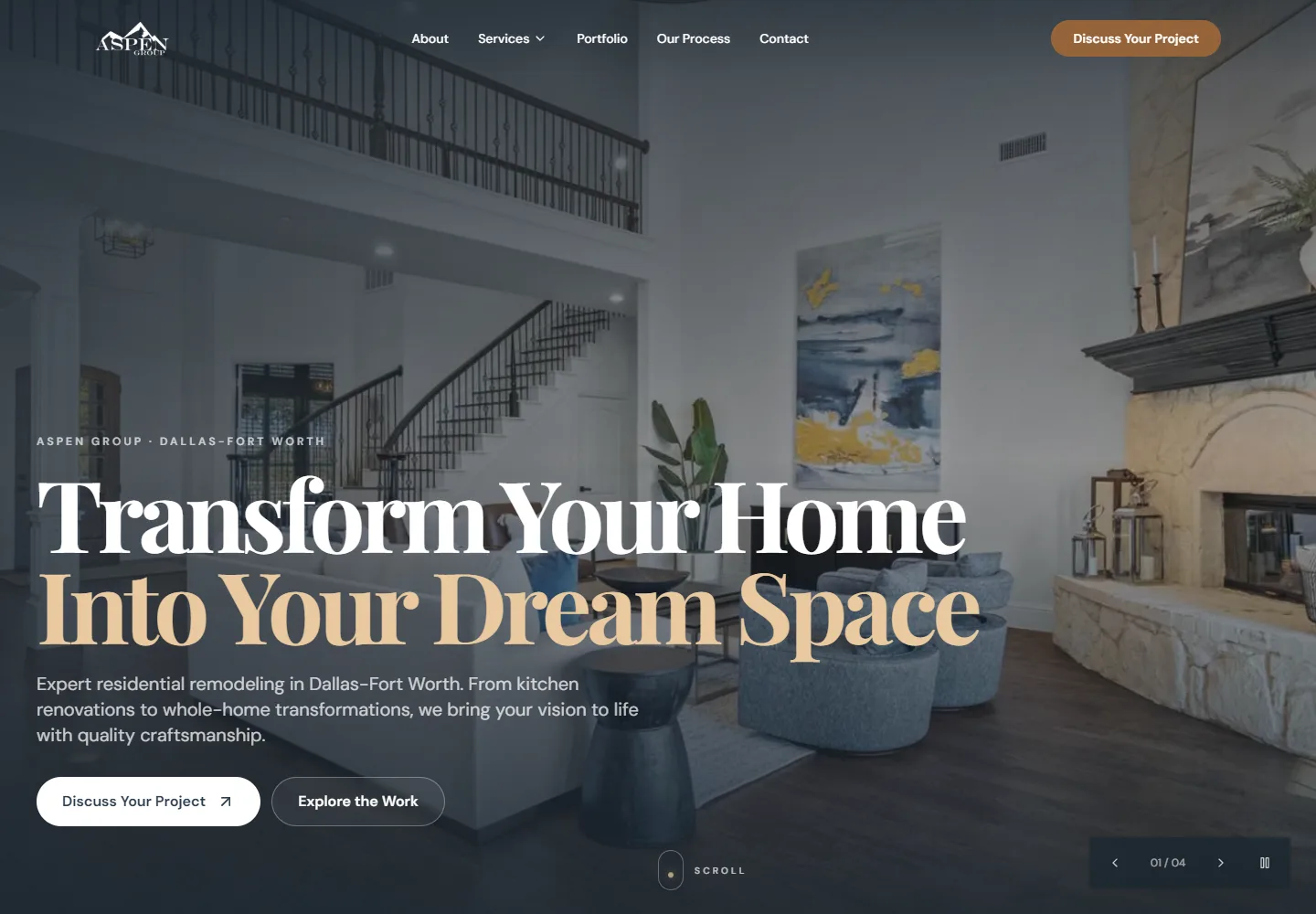 Aspen Group remodeling website with a residential interior and project invitation